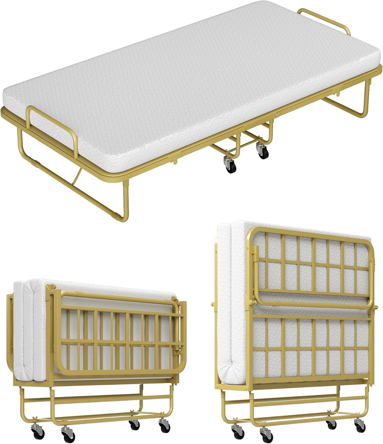 Folding Bed with Mattress Twin, Heavy Duty Steel Slat Frame, Portable Rollaway Bed with Firm Foam Mattress, Easy Assembly, Ideal for Guests & Camping, White