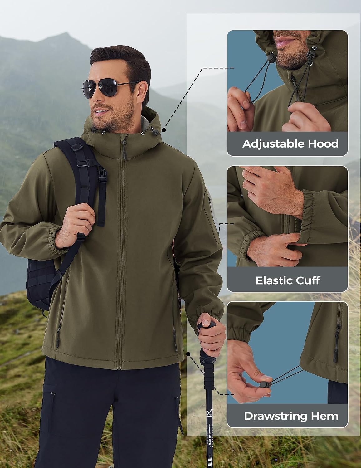 COOFANDY Men's Hooded Softshell Jacket Waterproof Fleece Lined Windbreaker Lightweight Outdoor Hiking Jacket