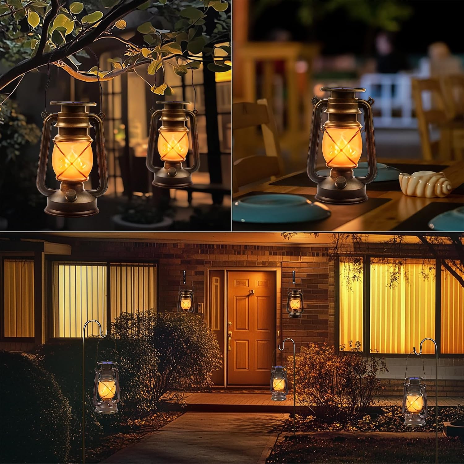 Solar Lanterns Outdoor Waterproof, 2 Pack Bronze Flickering Flame Lights