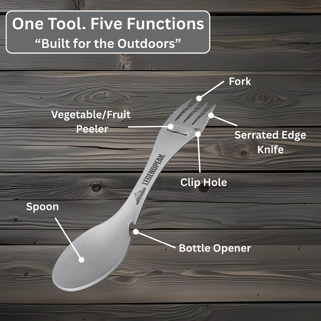 Titanium Spork 5-in-1 Camping Utensil Set 2-Pack – Ultralight Backpacking Silverware with Knife, Bottle Opener & Peeler, Includes Individual Travel Pouches & Carabiners