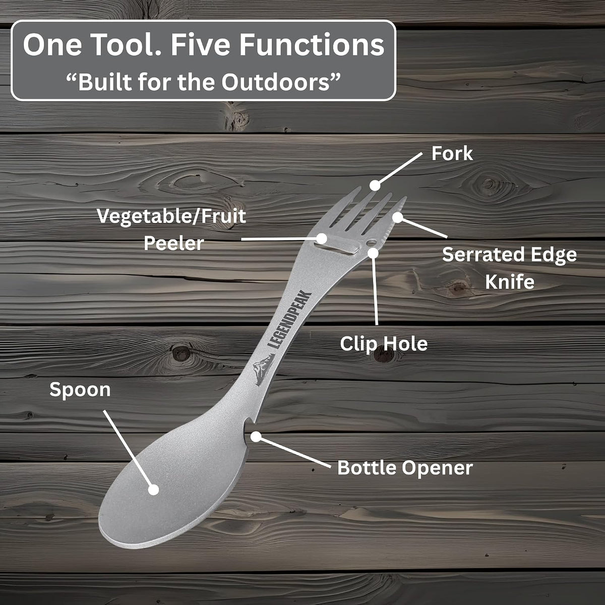 Titanium Spork 5-in-1 Camping Utensil Set 2-Pack – Ultralight Backpacking Silverware with Knife, Bottle Opener & Peeler, Includes Individual Travel Pouches & Carabiners