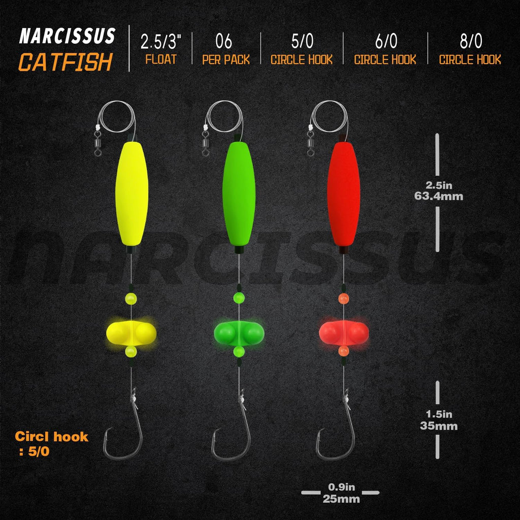 Narcissus Catfish Rigs Set – 6 Pre-Tied Rigs with 2 Sinker Sliders & 2oz Pyramid Sinker, Float Rigs Tackle, Santee Rig, Circle Hooks 6/0 – Complete & Ready-to-Use Kit