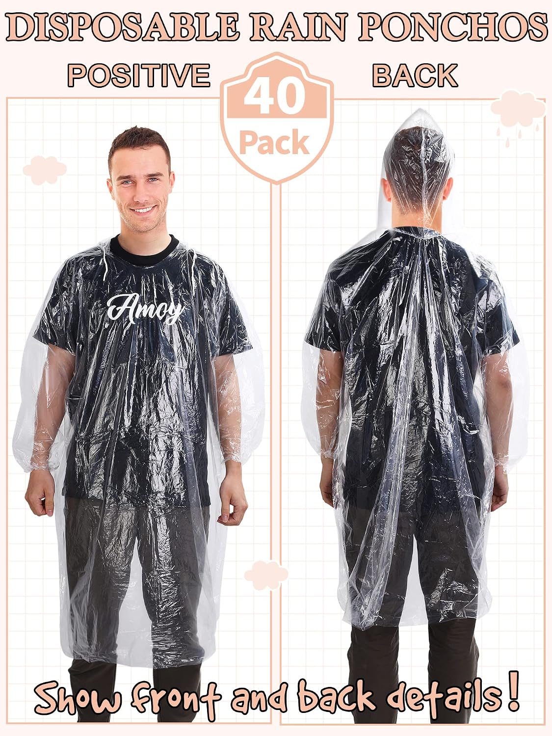 Tarpop 40 Pack Disposable Rain Ponchos Adult Drawstring Hood