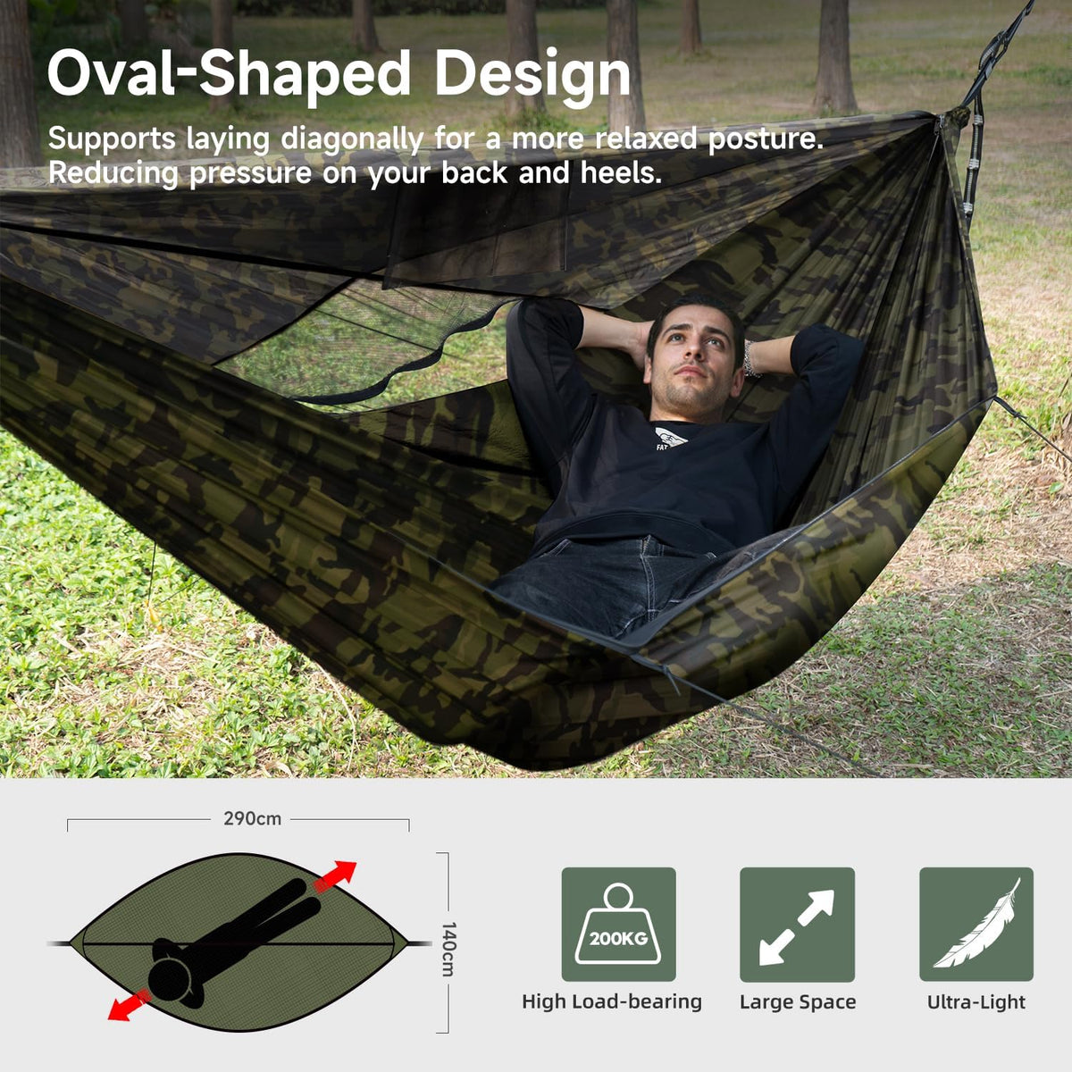Camping Hammock with Mosquito Net, Sunshade and Ridge Rope, 2 Person