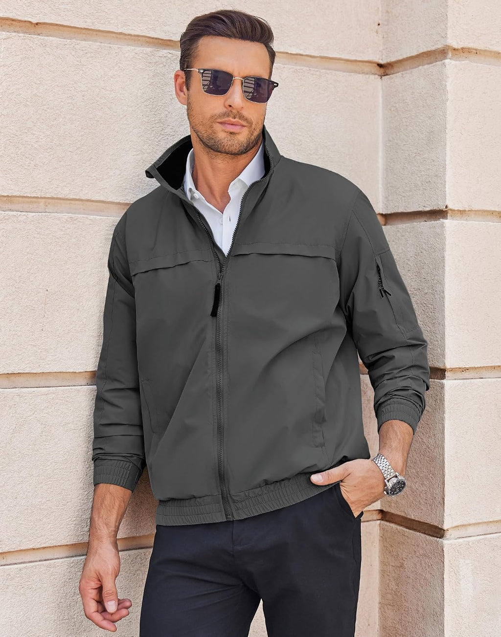 COOFANDY Mens Lightweight Bomber Jackets Stand Collar Windbreaker Softshell Jacket Zip Up Coat for Fall Outdoor