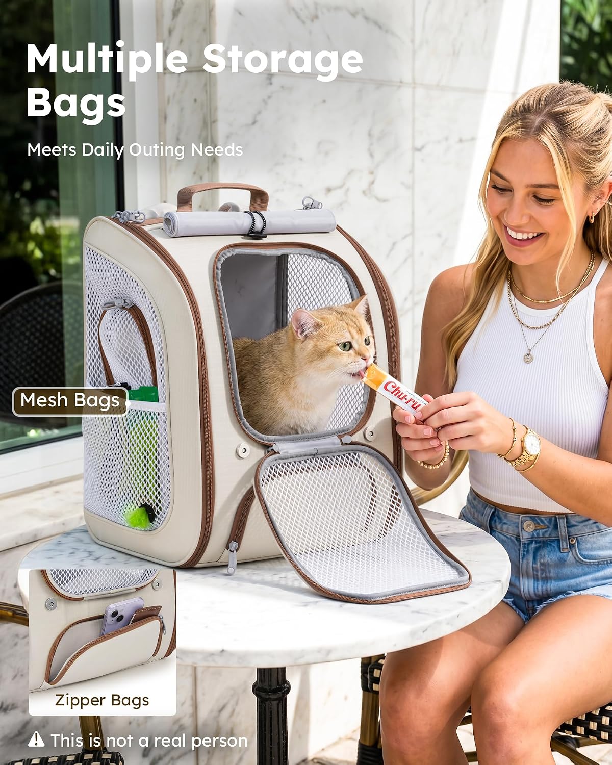 Pecute Cat Backpack Carrier, Spacious & Breathable Pet Backpack, Khaki