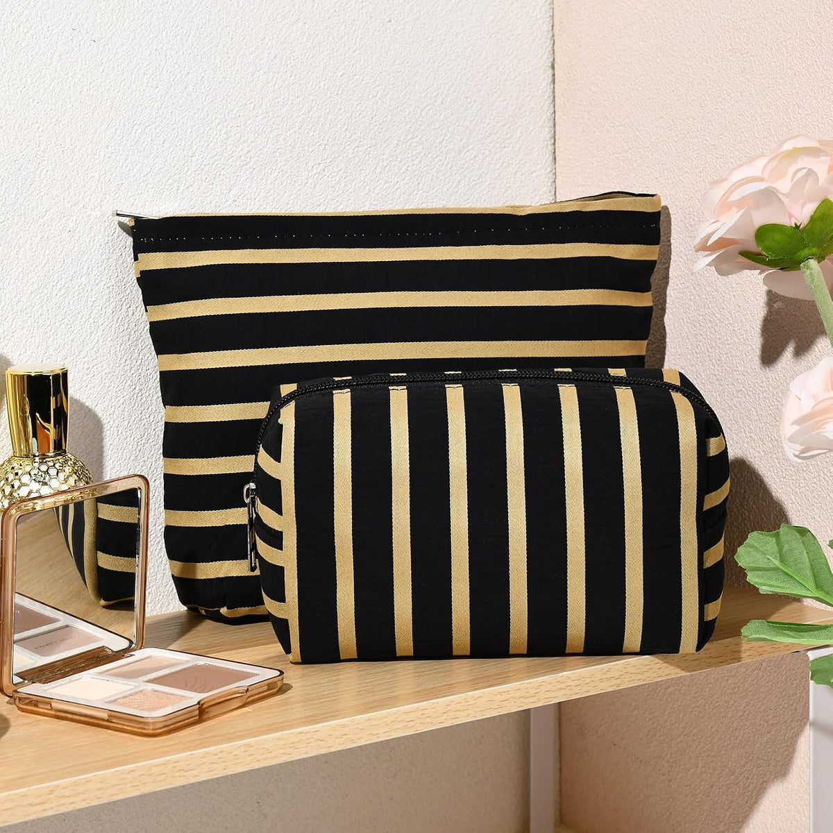 SOIDRAM 2 Pieces Makeup Bag Large Stripe Cosmetic Bag Capacity Canvas Mix Travel Toiletry Bag Organizer Cute Makeup Brushes Aesthetic Accessories Storage Bag for Women, Stripe Mix Black