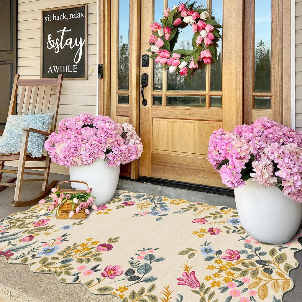 Colorful Floral Entry Rug - 3x5 Ft Washable Indoor Outdoor Front Door Mat Outside Entrance Front Porch Mat Non-Slip Boho Throw Rugs for Living Room Bedroom Entryway Kitchen Office Porch Decor