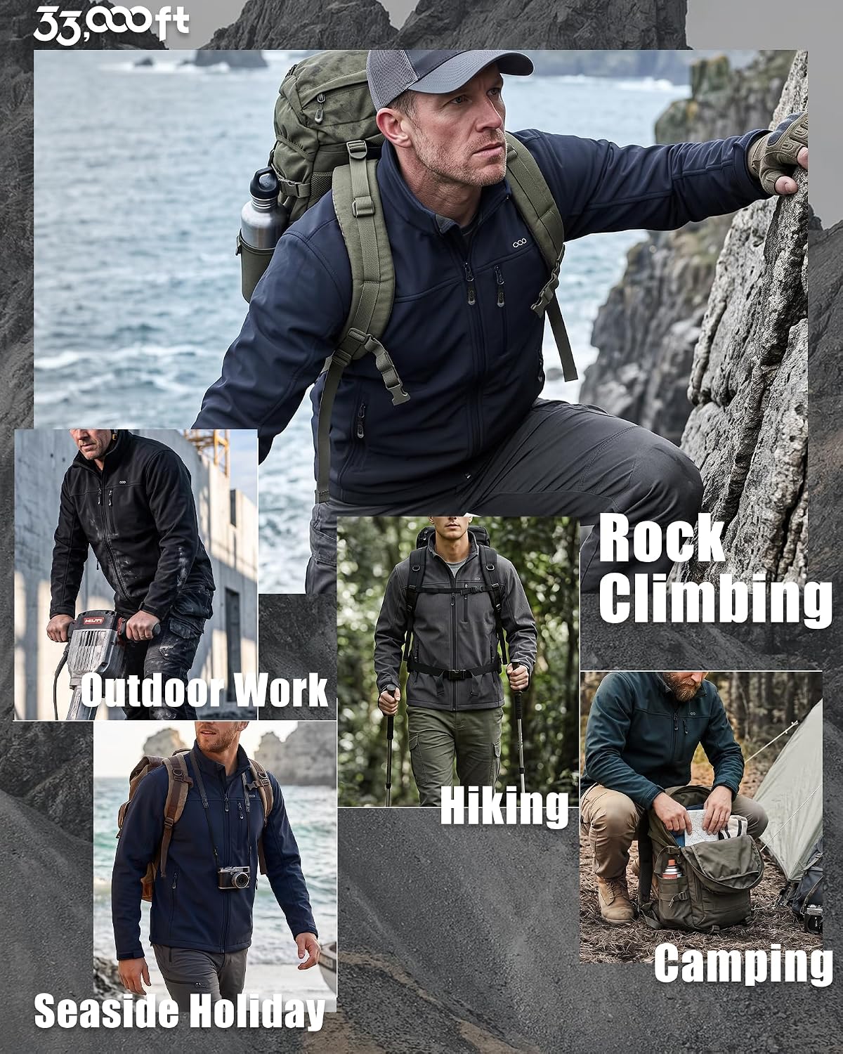 33,000ft Men's Waterproof Softshell Jacket Fleece Lightweight Windbreaker