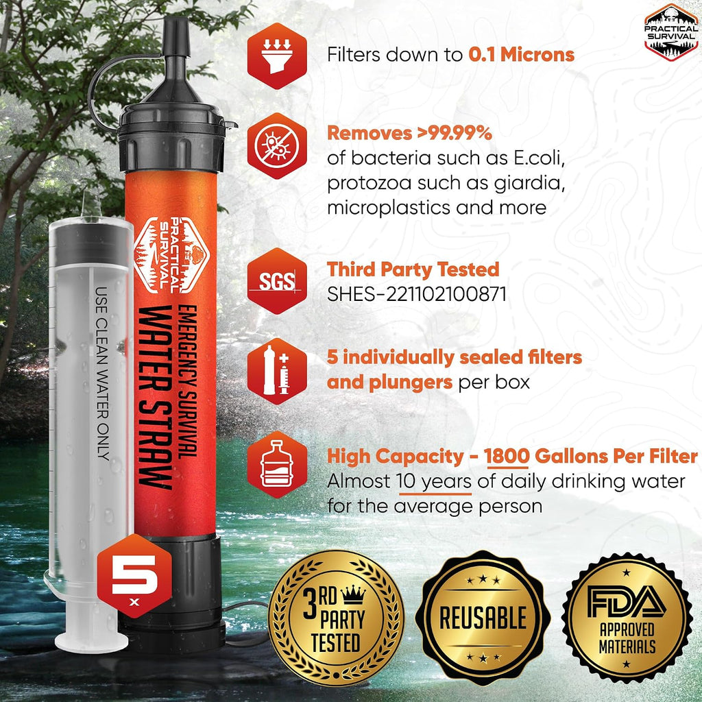 Practical Survival Reusable Emergency Water Filter Straws, 5-Pack