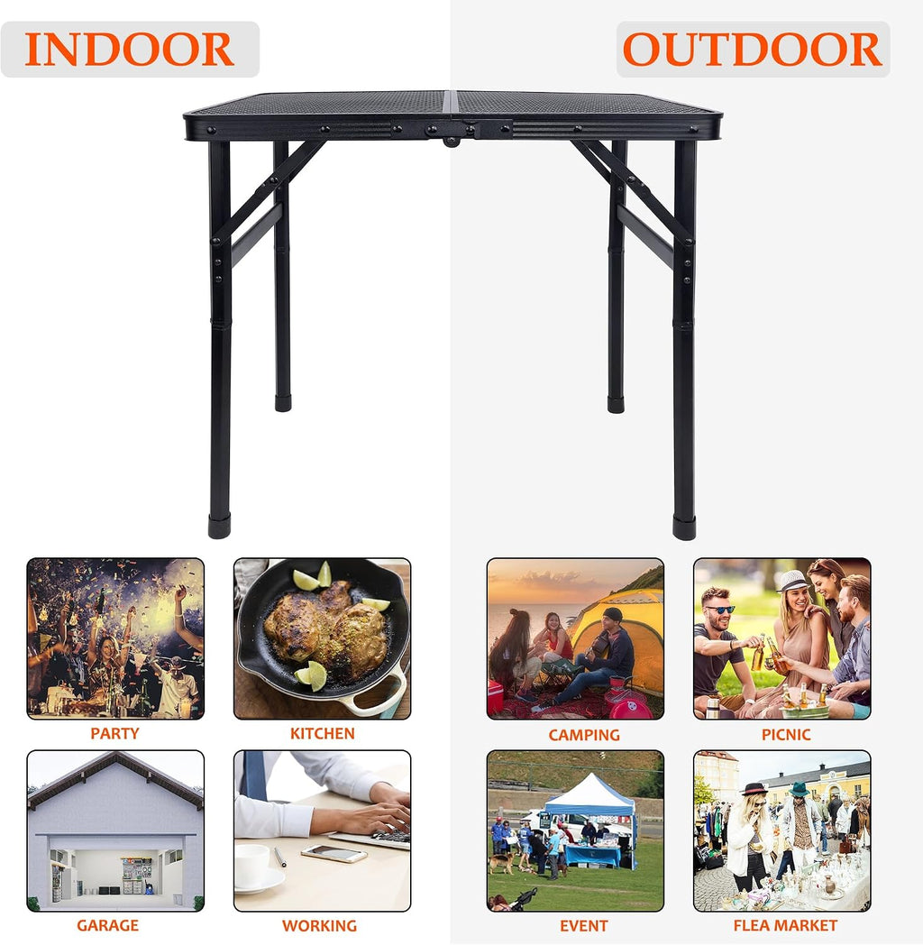 FORUP Small Folding Table, Camping Table with Mesh Desktop, Portable Picnic Table with Carry Handle, Height Adjustable Portable Grill Table for Outside Inside Use
