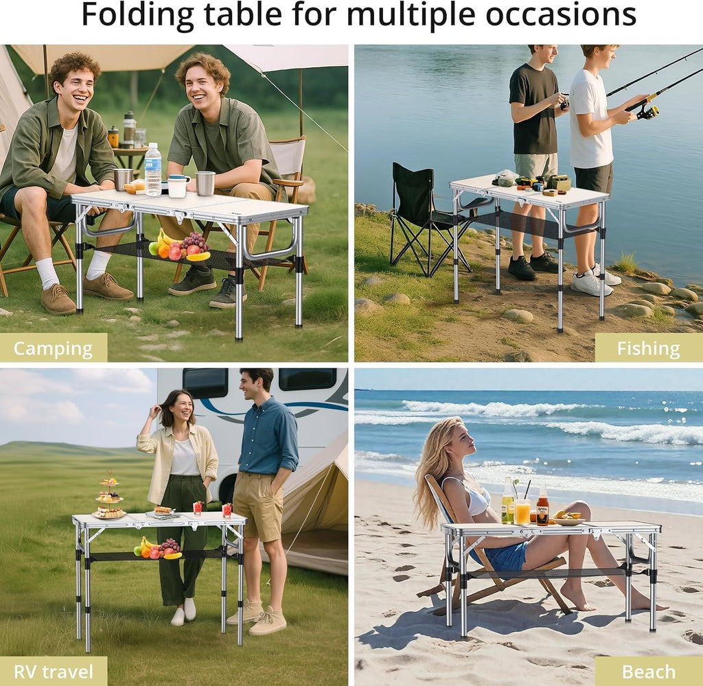 Anbte 3ft Folding Camping Table, 3 Adjustable Height Max 27.5", Silver