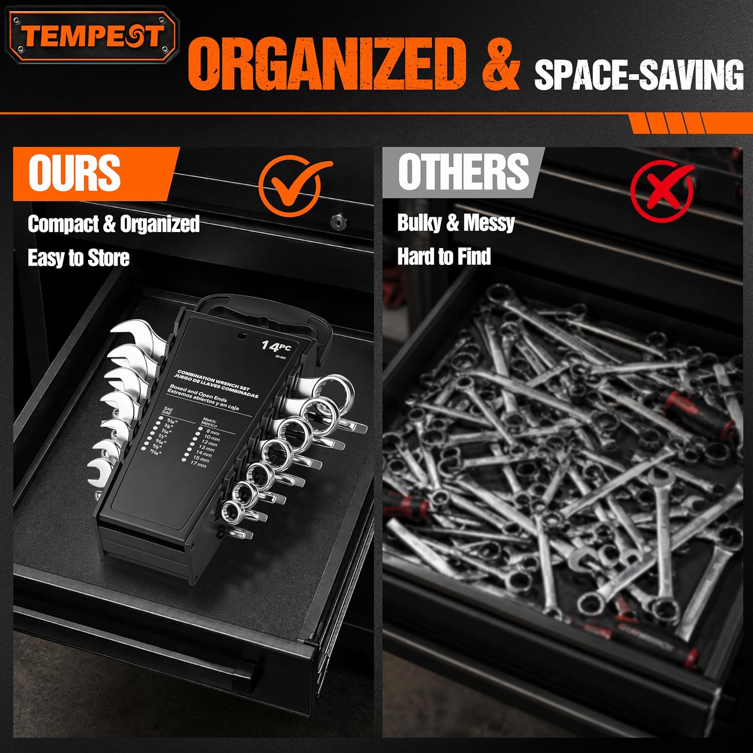 Tempest 14 Piece Combination Wrench Set, Metric & SAE (8-17mm, 5/16-11/16 inch) with Compact Organizer Rack, Drop Forged Steel Mechanics Hand Tools Kit for Automotive Repair, Home DIY, Workshops