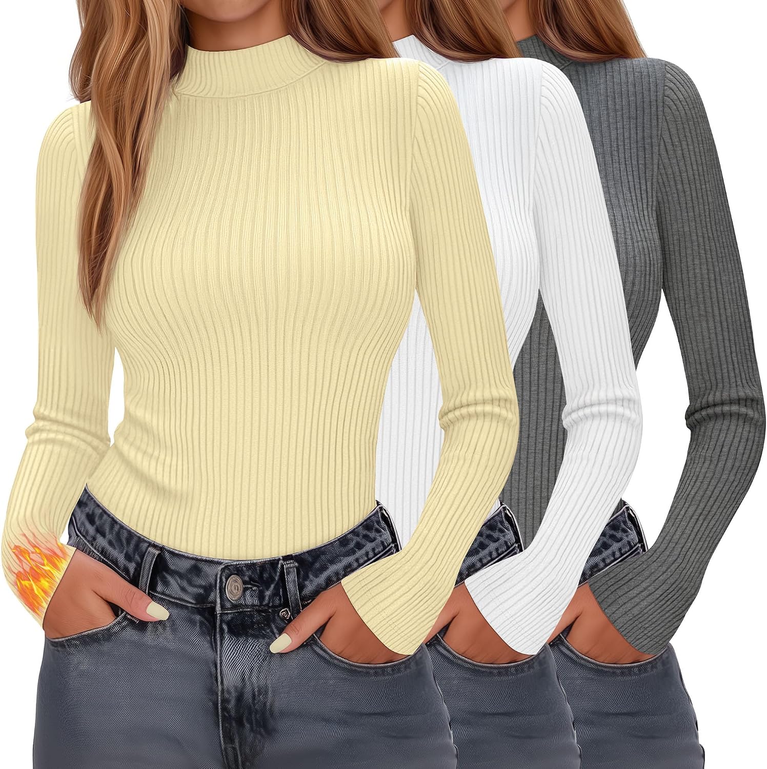 Evervibe 3 Pack Women's Ribbed Mock Neck Thermal Tops