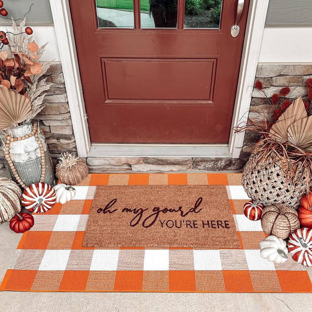 Fall Outdoor Rug Orange Buffalo Plaid Outdoor Rug Cotton Hand-Woven Buffalo Check Rug Layered Doormats for Front Door/Front Porch/Farmhouse/Entryway/Patio(Orange and White Plaid, 27.5'' x 43'')