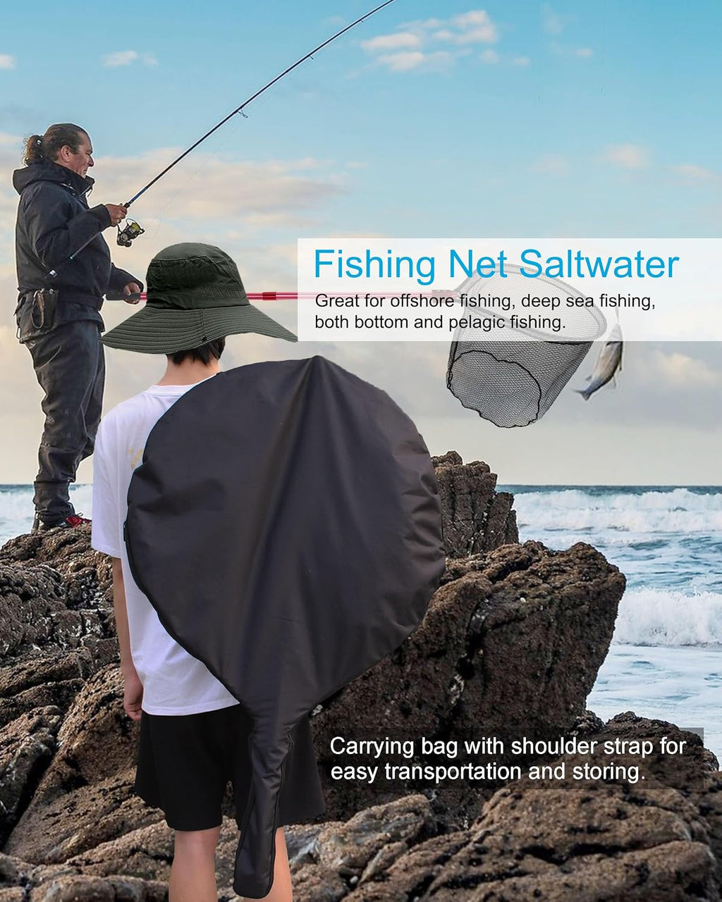 Large Rubber Fishing Net Heavy Duty Extra Large Aluminum Landing Net for Saltwater Fish Net Telescoping Handle with 6pcs Soft Jig Swimbait, Extends to 72-94in