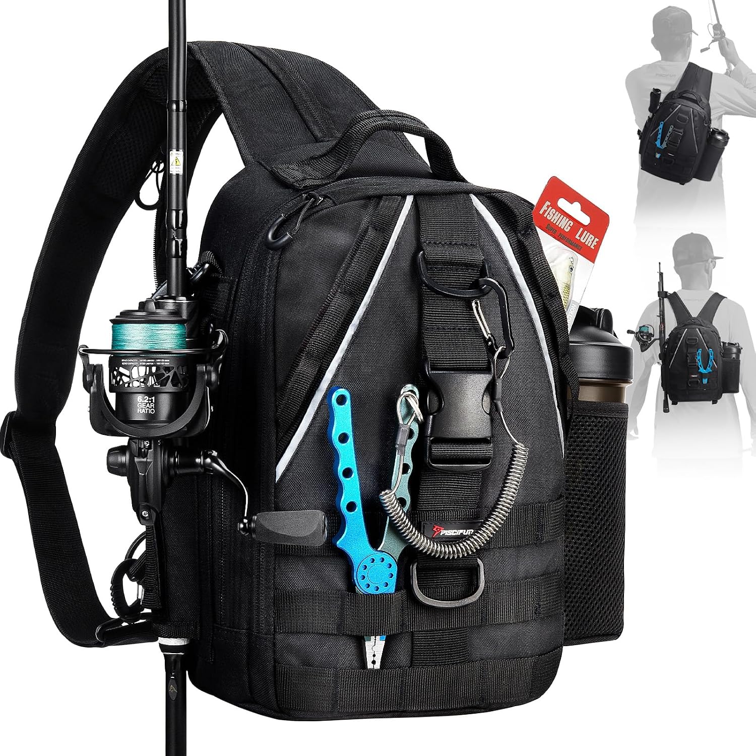 Piscifun Fishing Backpack, Rod Holders, Lightweight Sling Bag, Black