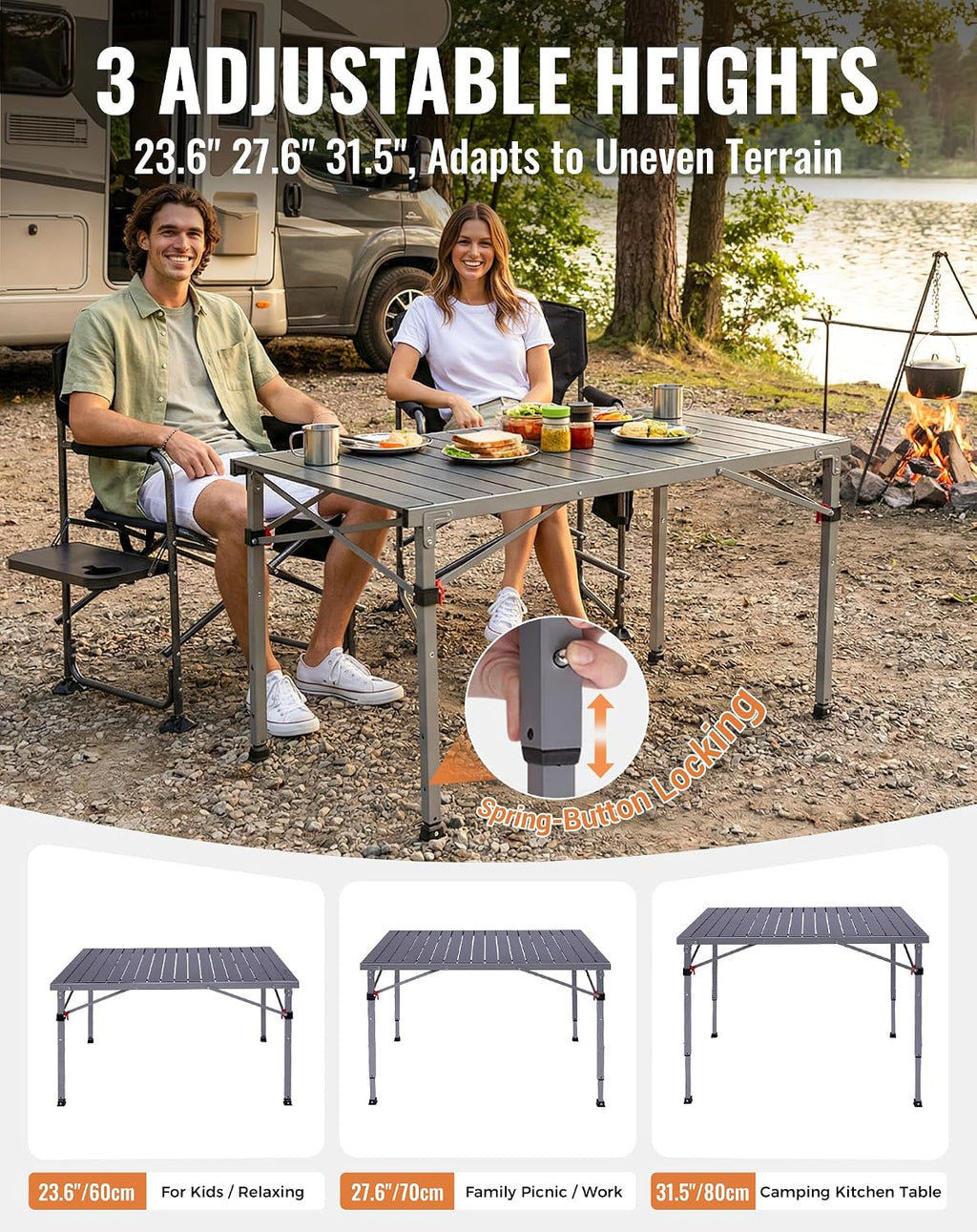 KingCamp 265 Lbs Folding Camping Table, 3-Height Heavy Duty Outdoor Table