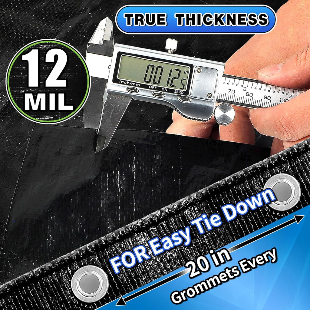 Black Tarps Heavy Duty Waterproof 10x12, 12 Mil Thick, High Durability, Rip and Tear Resistant with Metal Grommets Every 20 Inches