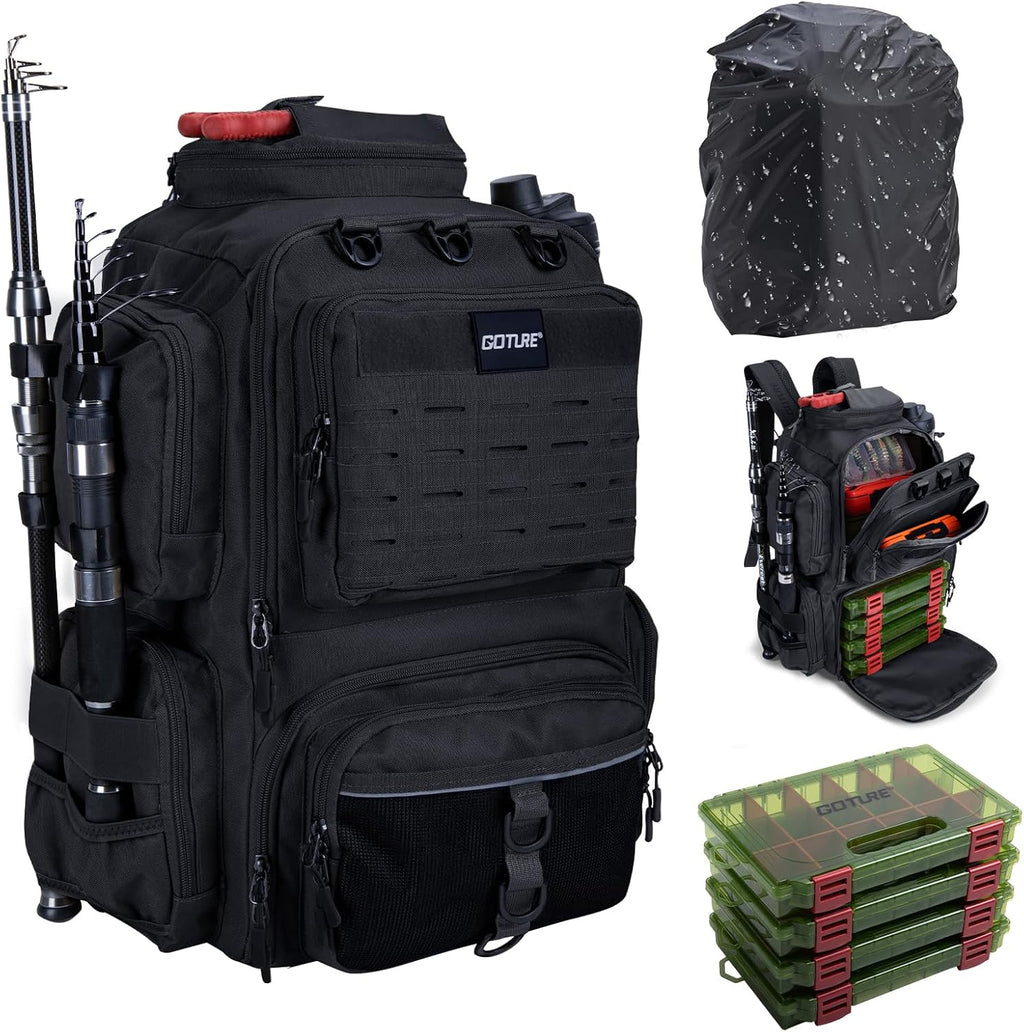 Goture Fishing Tackle Backpack with 4 3600 Tackle Boxes,2 Rod Holders