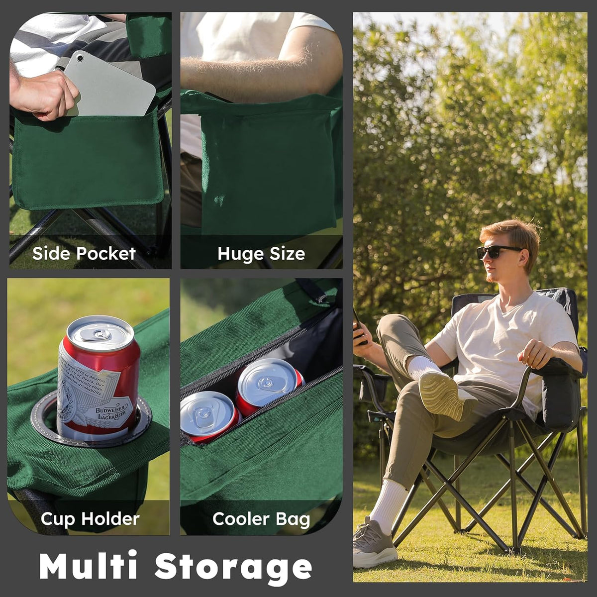 Colegence Oversized Heavy Duty Camping Chairs, 2 Pack, 450 lb, Green