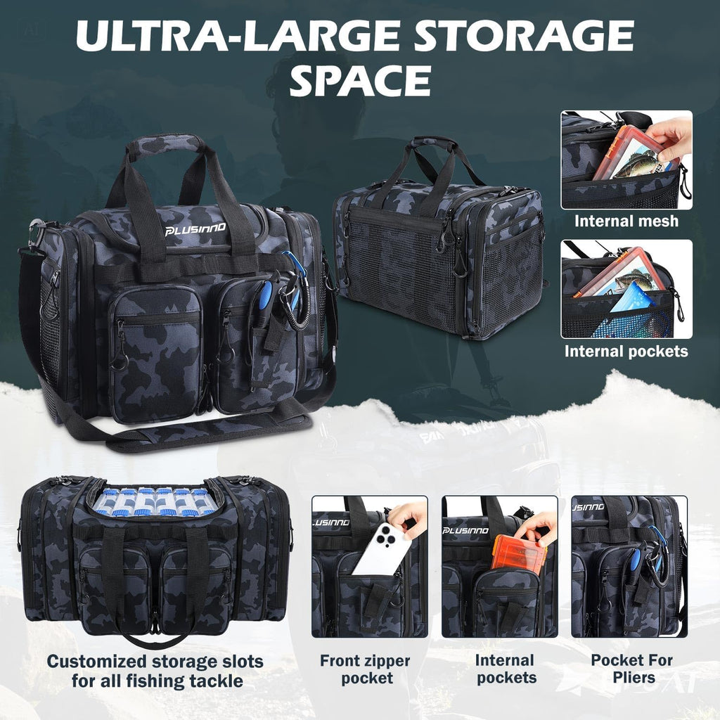 PLUSINNO Tackle Bag - Expandable Fishing Bag with fishing net for Saltwater & Freshwater - Water Resistant Fishing Gear Shoulder Bag For Men