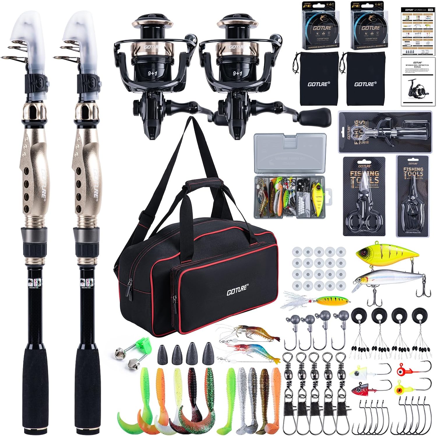 GOTURE Telescopic Fishing Rod and Reel Combos, Carbon Fiber Travel Fishing Pole, 9+1 BB Spinning Reel, Saltwater Freshwater Fishing Gear Kit with Braided Line, Lures, Carrier Bag for Bass Trout