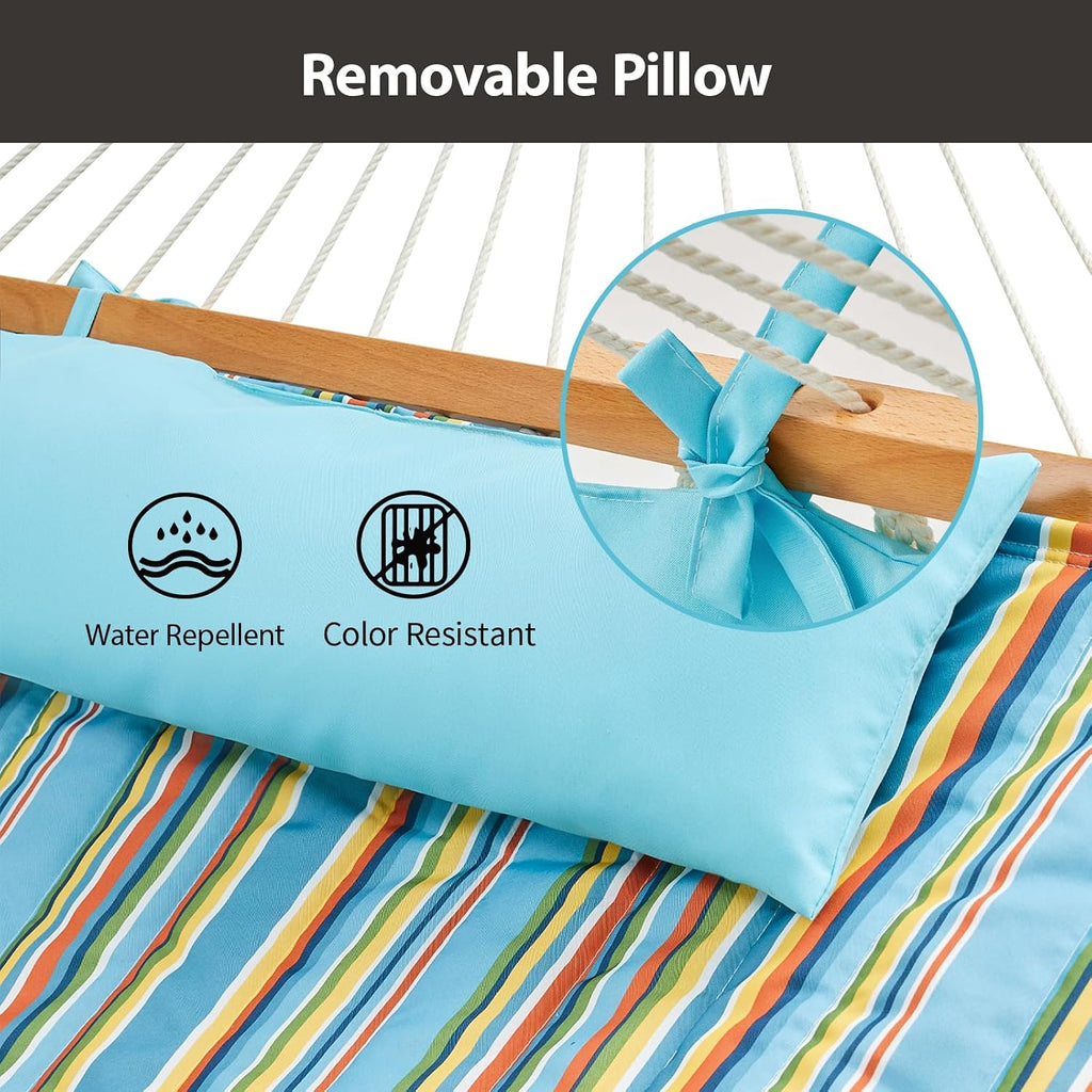 CHULIM Outdoor Double Hammock with Hardwood Spreader Bars, Large Rope Hammock with Polyester Pad and Pillow, 475 LBS Capacity for 2 Person Patio Backyard Poolside - Bule Stripe