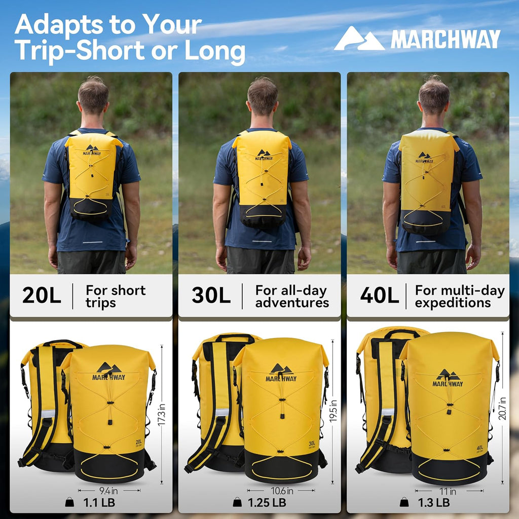 MARCHWAY Floating Roll Top Dry Bag, Flexible Lightweight TPU-coated Nylon Waterproof Backpack 20L/30L/40L with Padded Straps for Boating, Kayaking, Swimming, Hiking, Beach (Yellow, 30L)