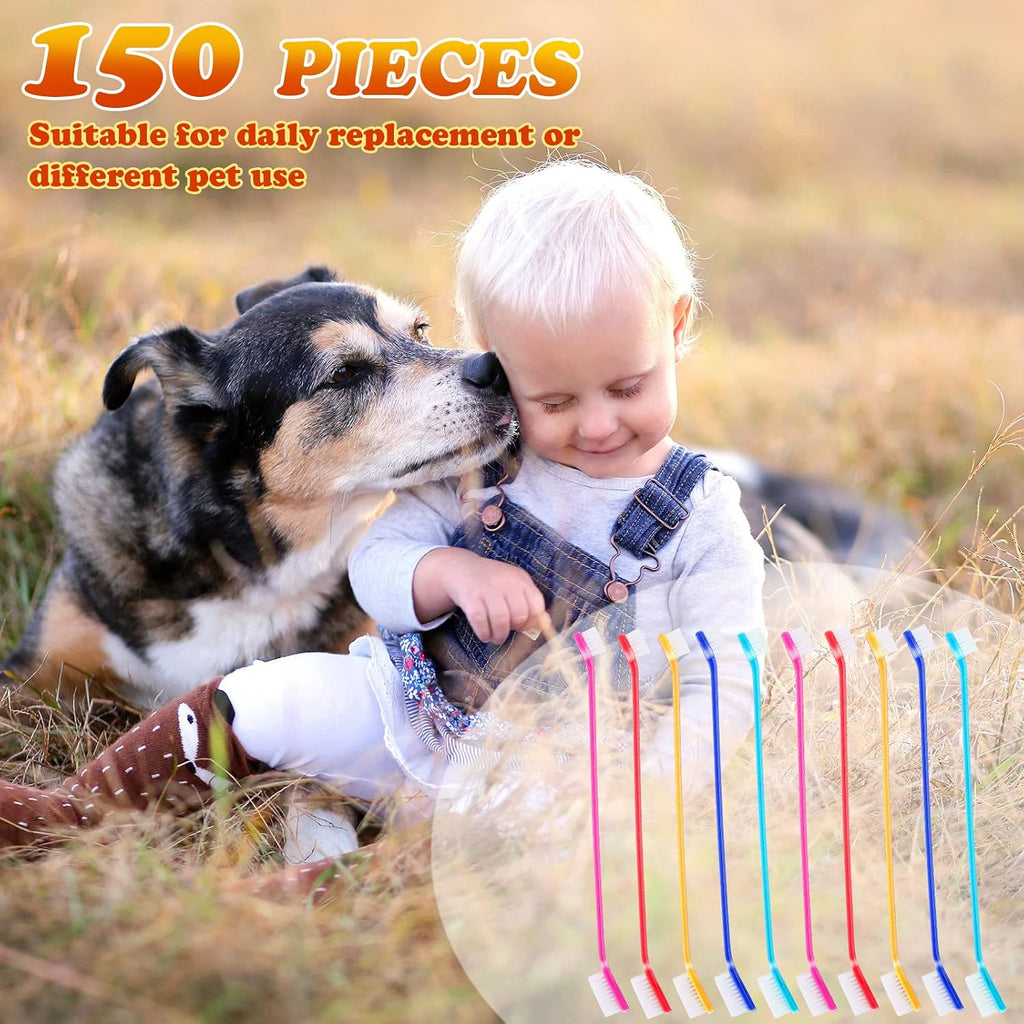 Nuenen 150 Count Dual-Head Dog Toothbrushes, Long Handle Pet Dental Brushes