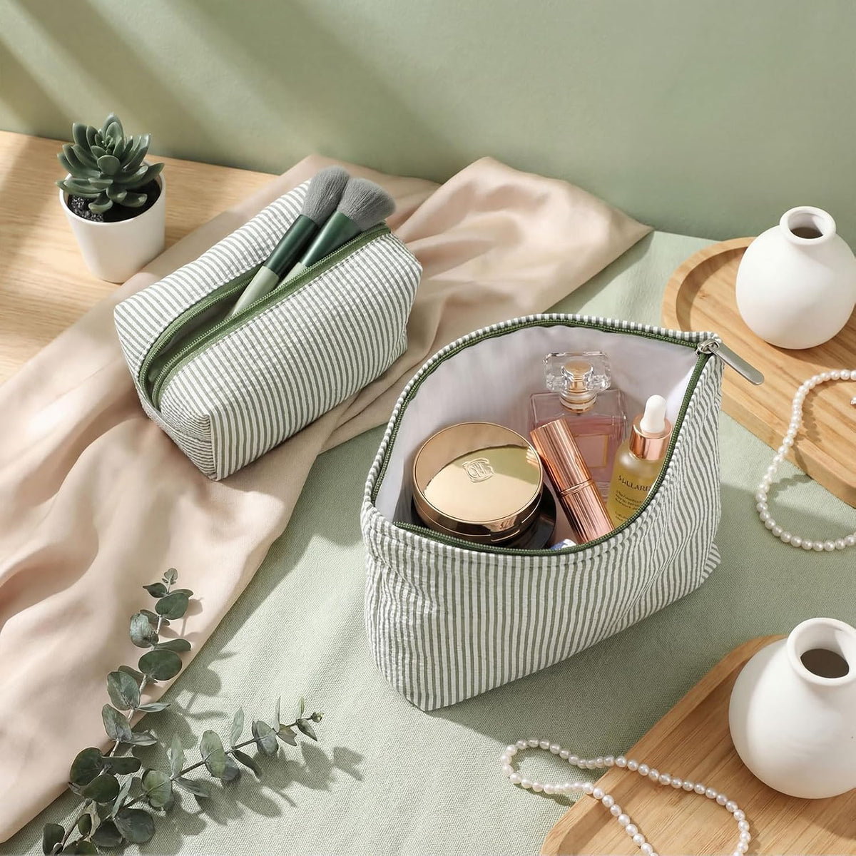Huhumy 2 Pcs Makeup Bag Set for Women, Bean Green, Thin Stripe
