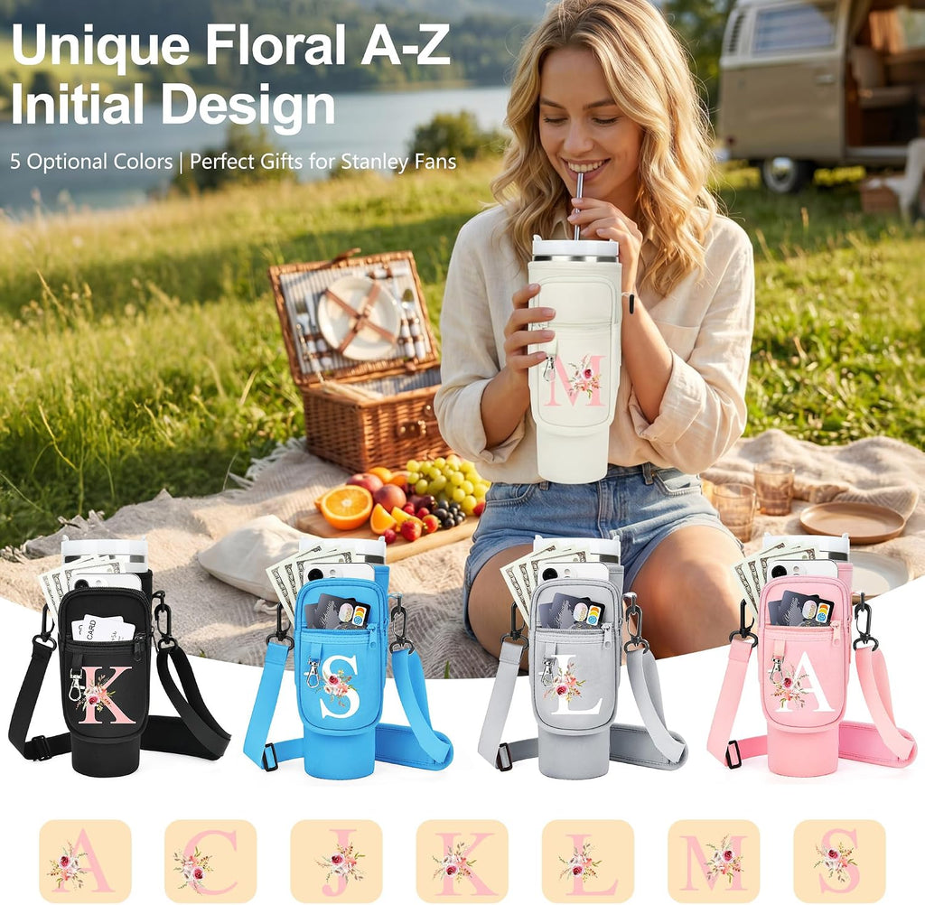 Initial Water Bottle Holder with Strap for Stanley Cup Accessories 40 oz/Simple Modern Tumbler, Birthdays for Women Girls, Water Bottle Carrier Bag with Phone Pocket,Hiking Walking Gym Camping