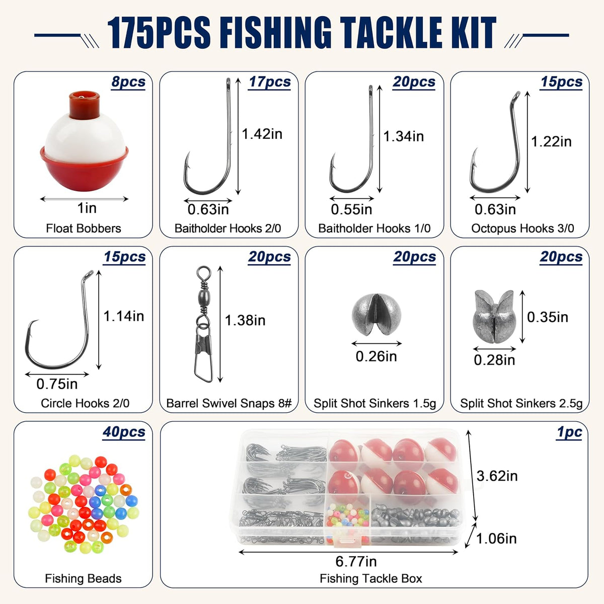 Fishing Bobbers Hooks and Weights Tackle Kit, 175pcs Beginners Equipment Include Fishing Hooks, Bobbers, Sinker Weights, Beads, Organized Tackle Box for Bass Trout Catfish Panfish