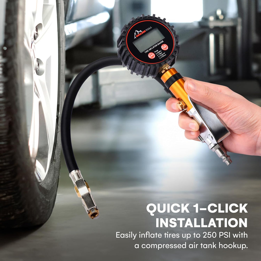 Boulder Tools Tire Pressure Gauge with Inflator - Digital Tire Pressure Gauge, 0-250 PSI Heavy Duty Tire Inflator Gauge with Air Chuck Lock & Bleed Valve, Air Compressor Accessories