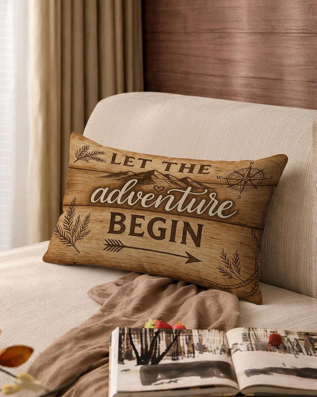 Rustic Camping Pillow Cover 12x20, Gift for Camper and Travel Lovers, Let The Adventure Begin Decorative Throw Pillow Cover Pillowcase for RV Campsite Tent Trailer Cabin Lake House