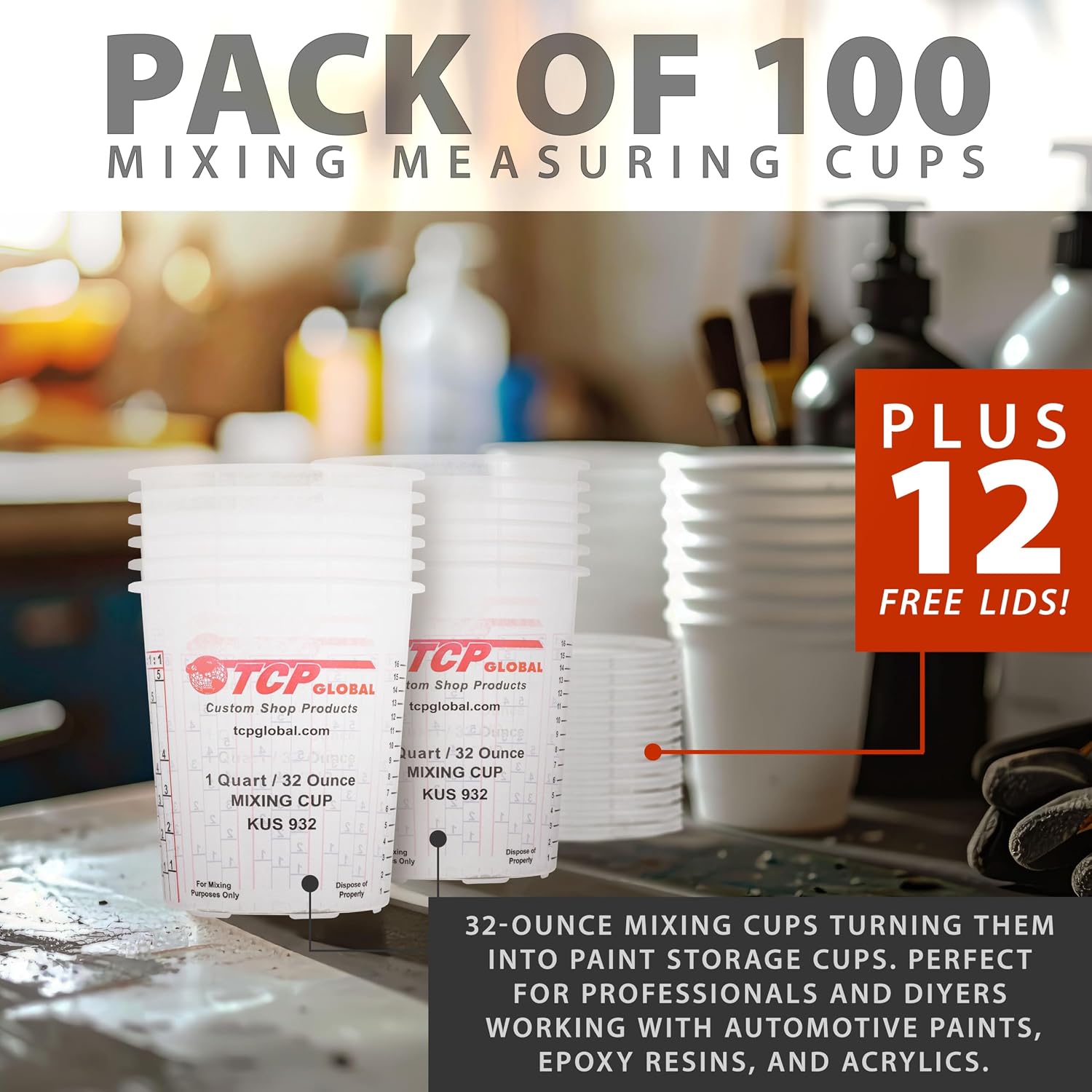 Custom Shop Paint Mixing Cups, 32-Ounce, Box of 100, Plastic Measuring Cups