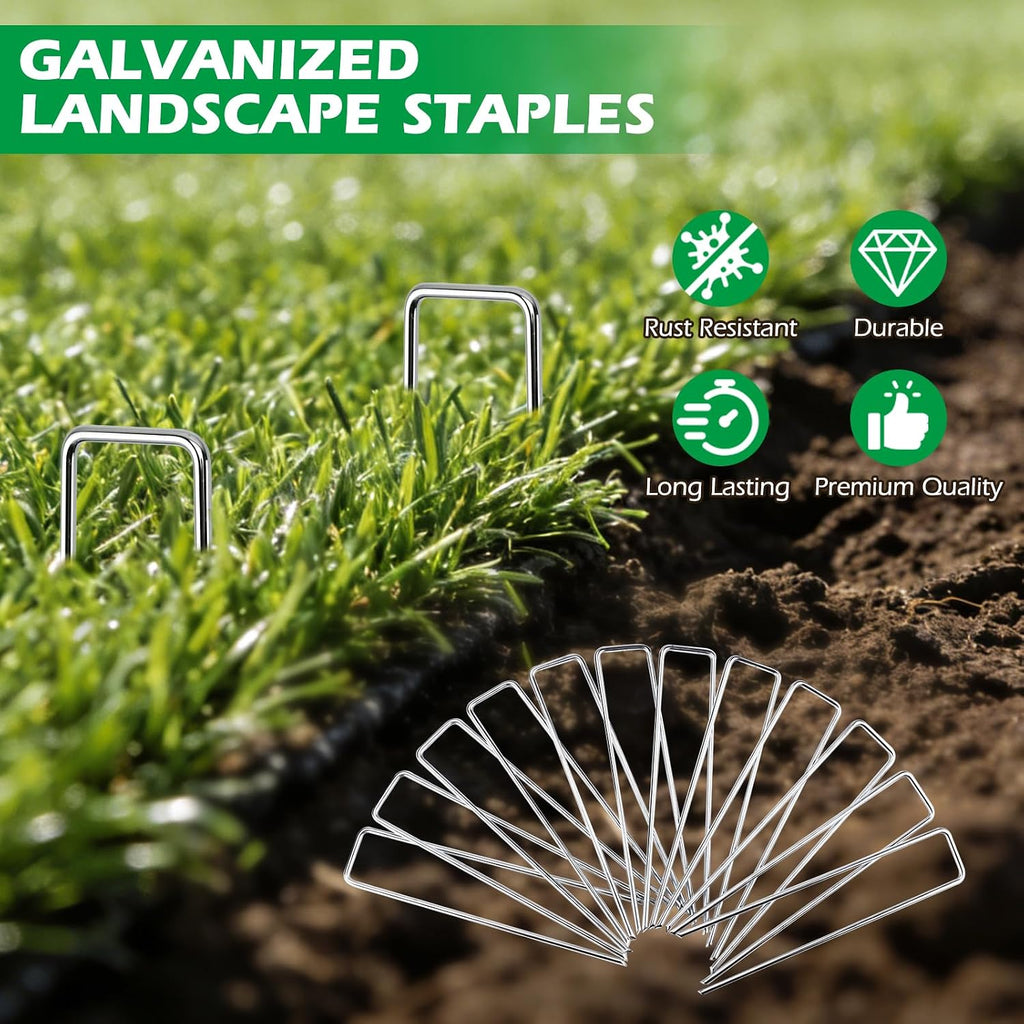 100 Pack Landscape Staples and 100 Pack Gaskets,8" 11 Gauge Galvanized Steel Garden Staples with Black Pads,Landscape Pins Turf Staples for Securing Weed Barrier Fabric Artificial Grass