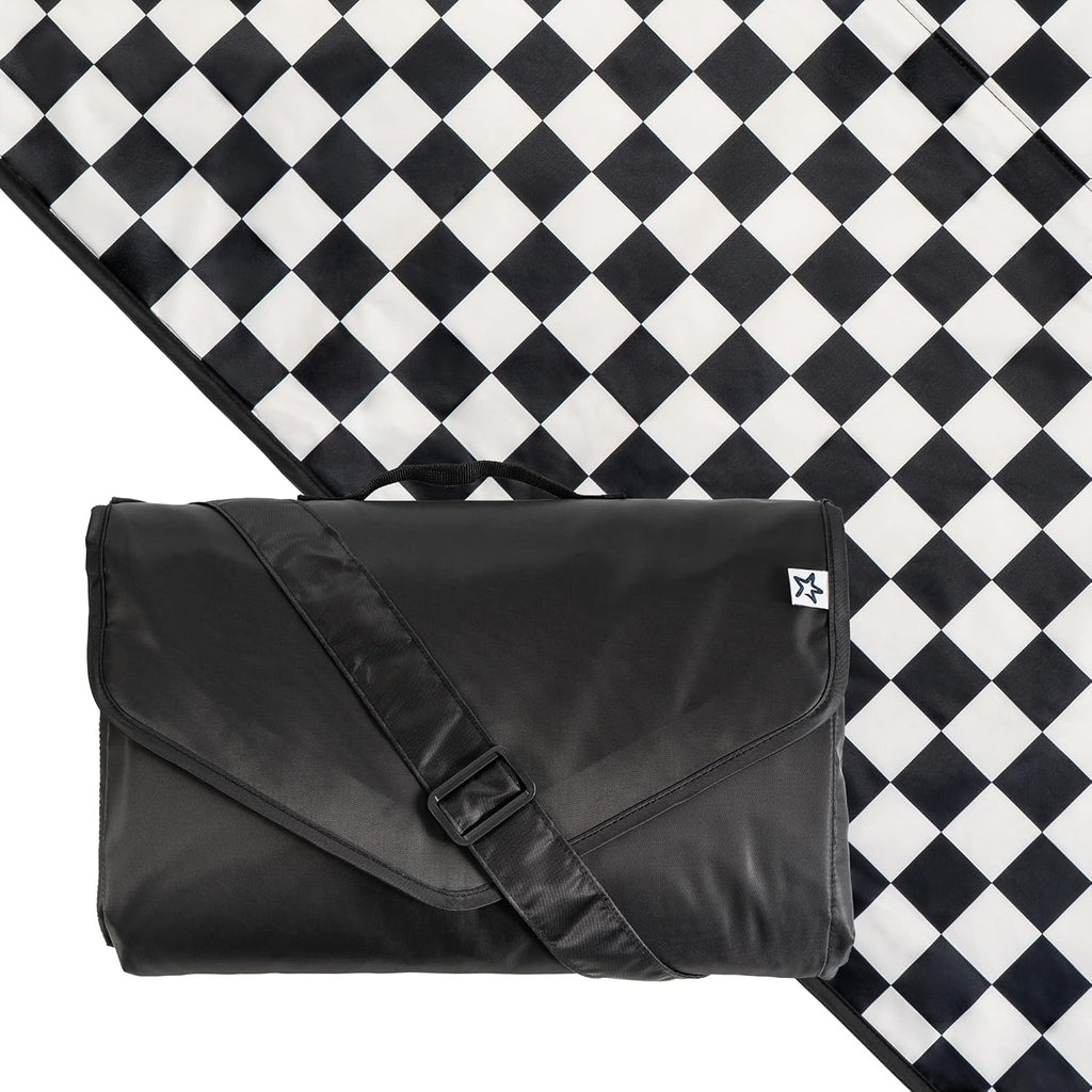 Tiny Twinkle Waterproof Picnic Blanket | 5'x7' 100% Recycled Polyester, Sandproof, Foldable & Portable for Beach, Camping, Travel（Black Checkers）