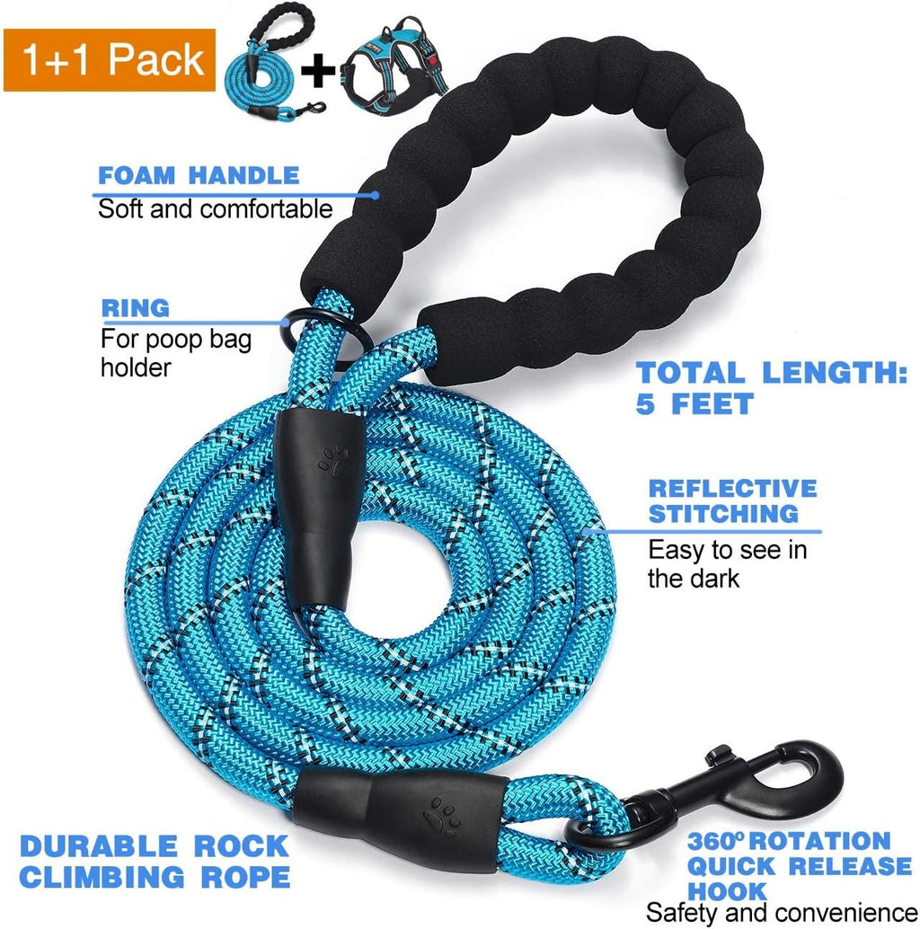 tobeDRI No Pull Dog Harness Adjustable Reflective Oxford Easy Control Medium Large Dog Harness with A Free Heavy Duty 5ft Dog Leash, Blue, L