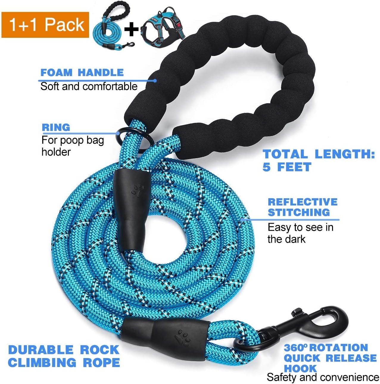 tobeDRI No Pull Dog Harness Adjustable Reflective Oxford Easy Control Medium Large Dog Harness with A Free Heavy Duty 5ft Dog Leash, Blue, L