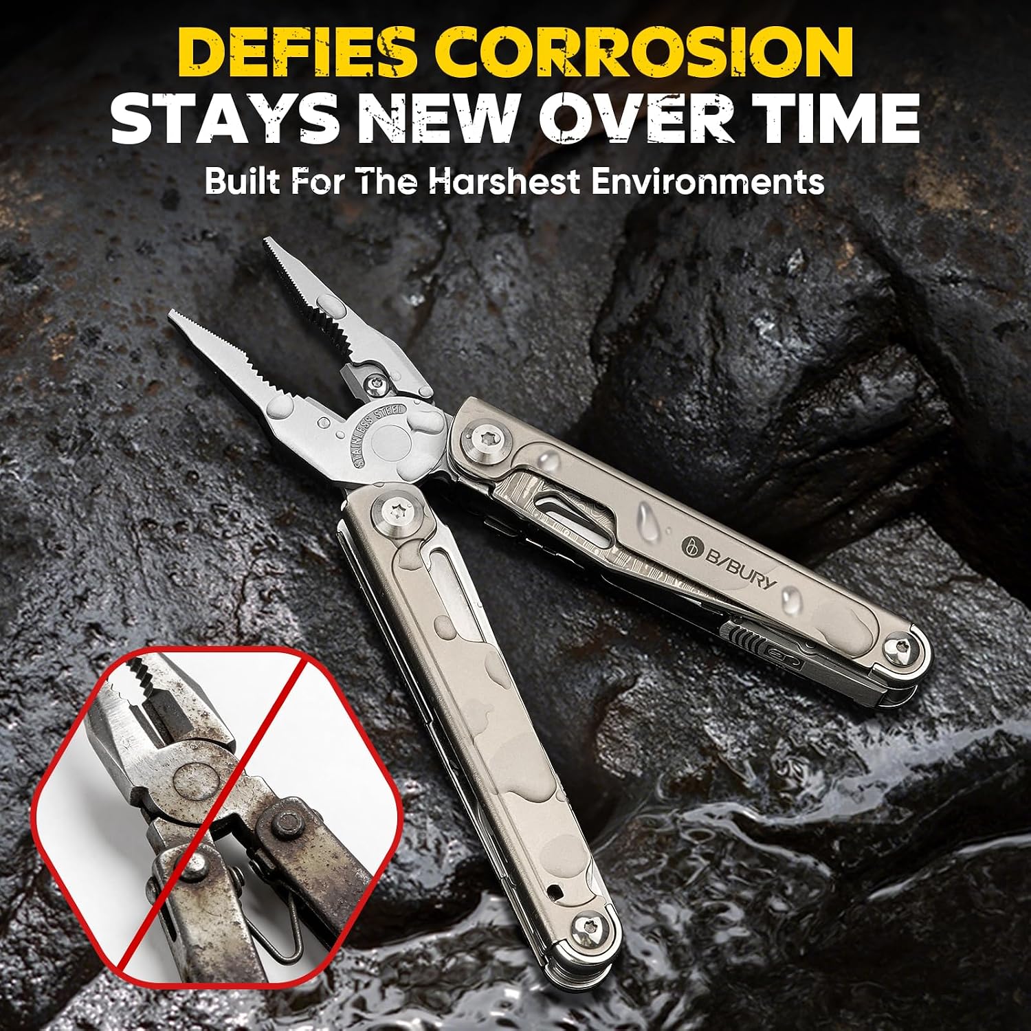 BIBURY Titanium Alloy Multitool with Damascus Knife & Scissors, BI2049TI