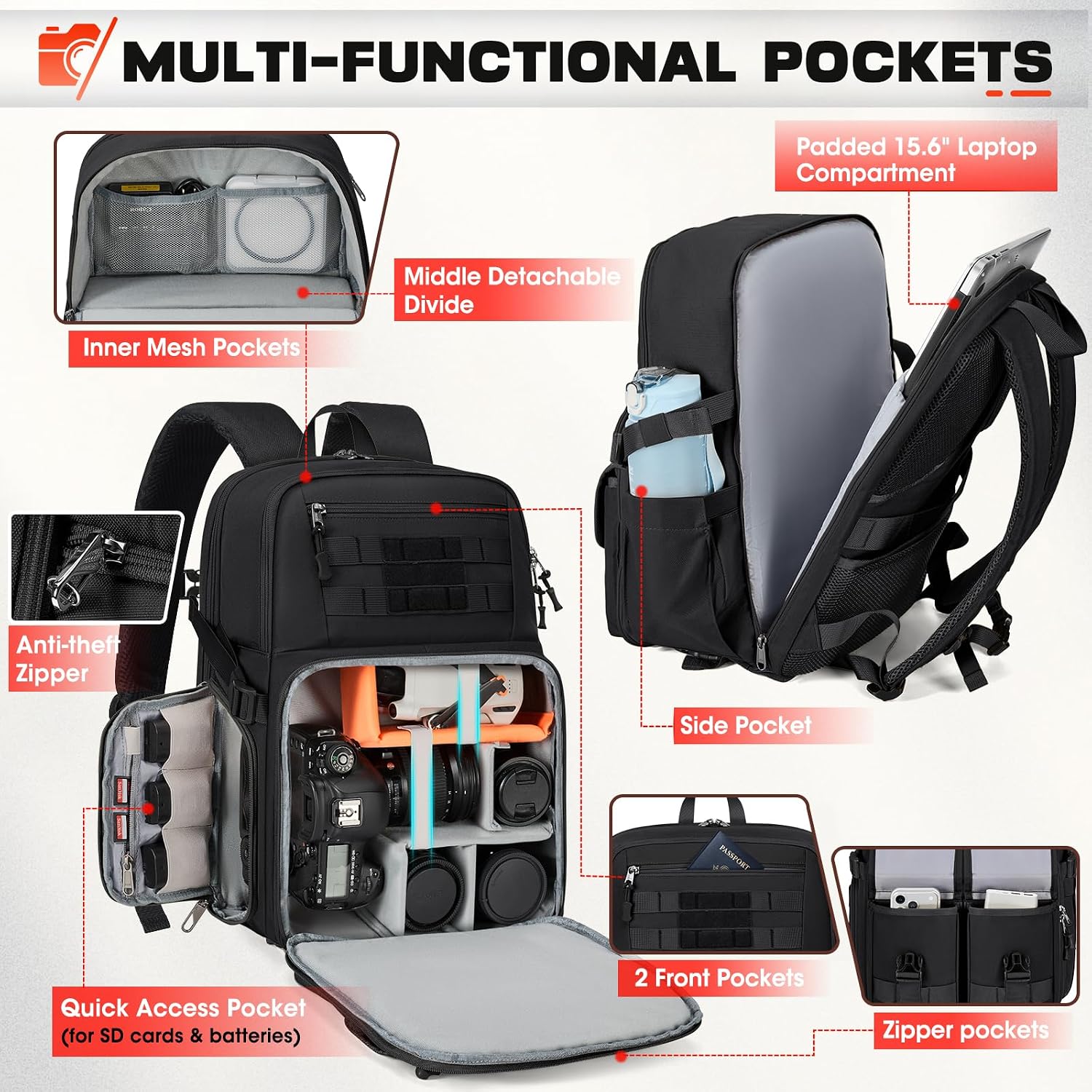 RAINSMORE Camera Backpack, DSLR/SLR/Mirrorless Camera Bag for Photographers