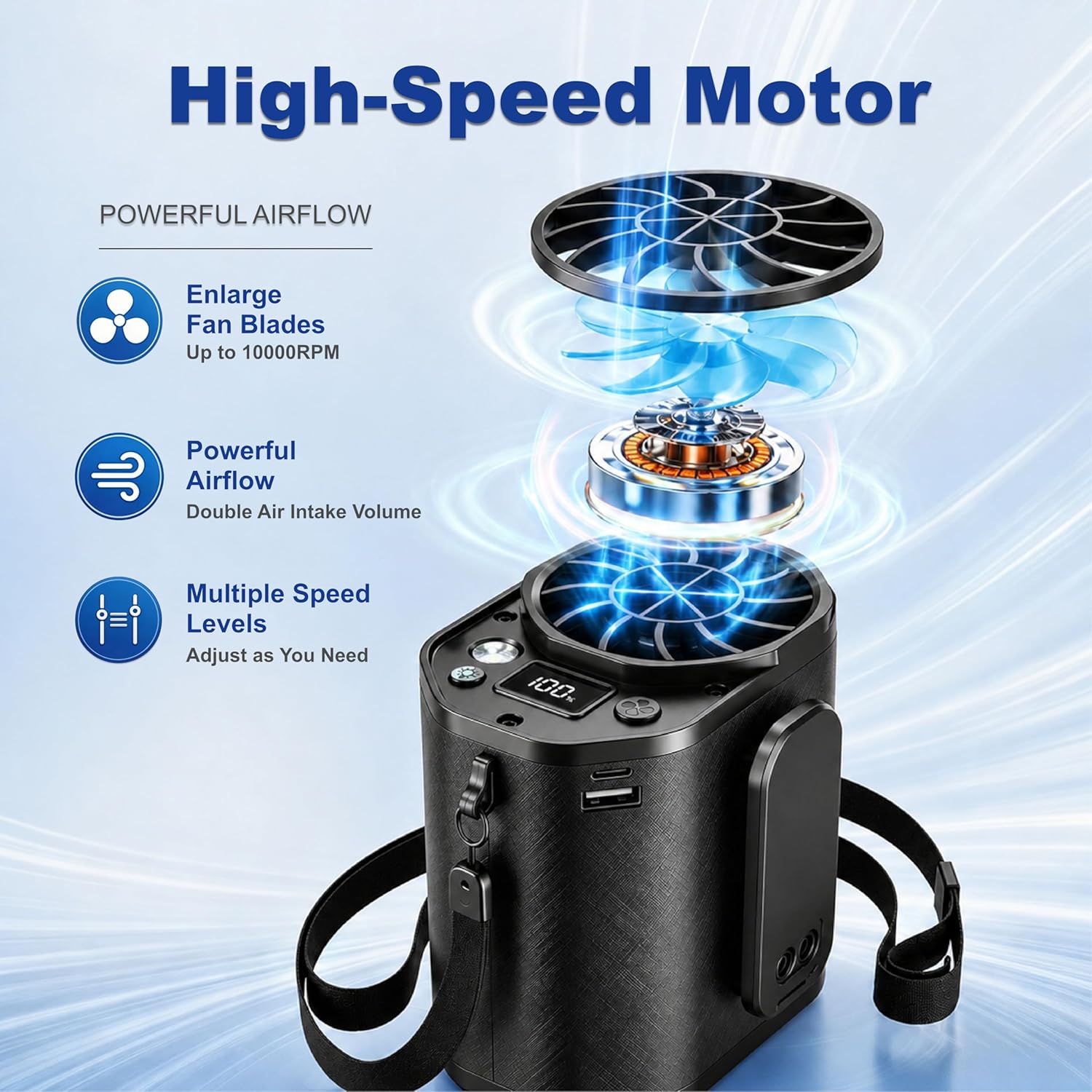 Waist Fan with Clip on: Portable 4-Speed Enlarged Fan-blades Personal Belt Fan with LED Light 6-11H of Working Time Hands-Free Neck Fan