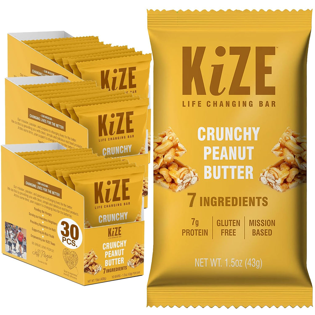 KiZE Energy Bars - Crunchy Peanut Butter - 30-Count - Gluten Free, Dairy Free, Non-GMO, and High Protein Meal Replacement Energy Bars, Clean and Simple Food Ingredients - 7g High Protein Snacks (30 Count)