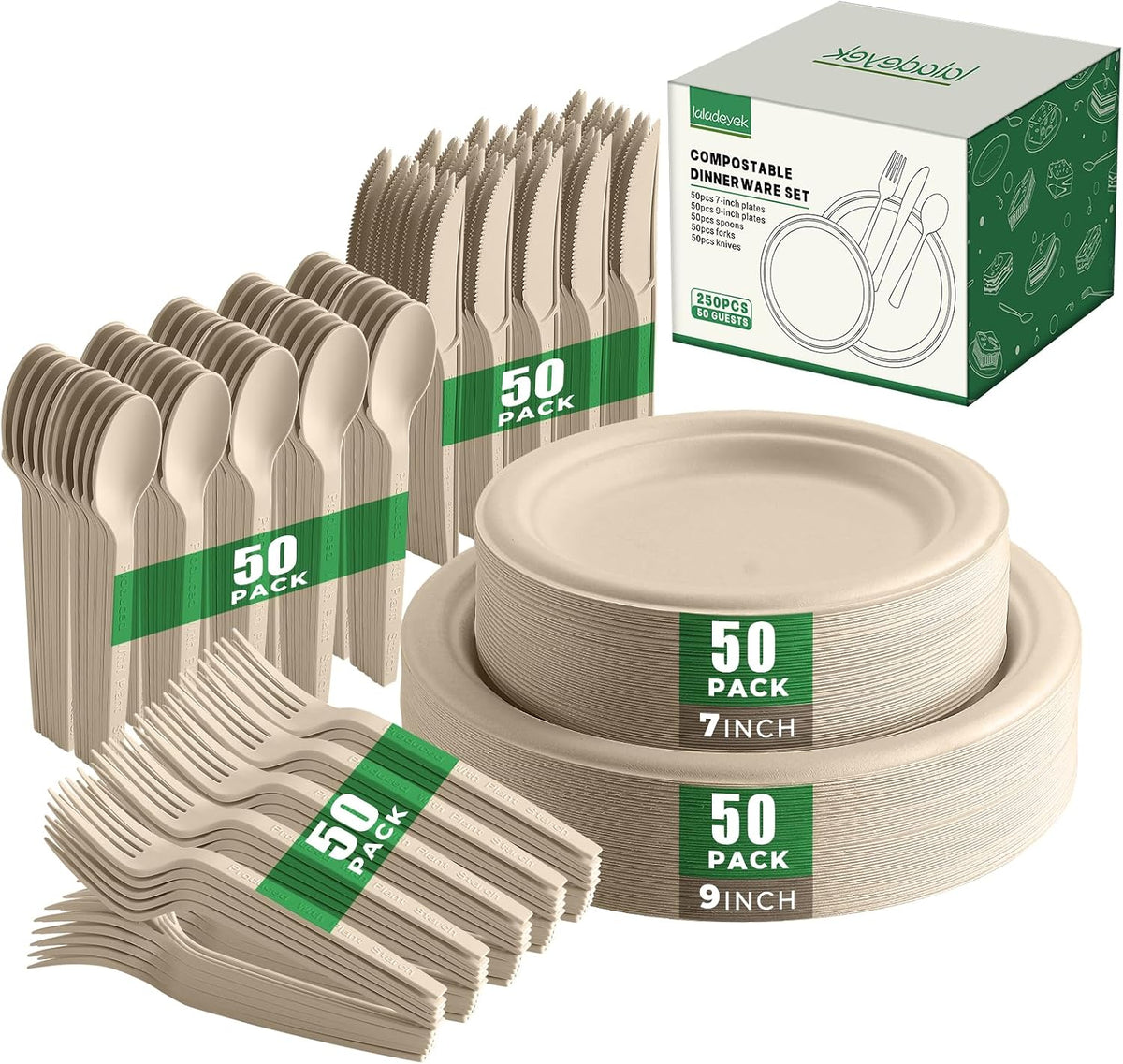 250 Piece Biodegradable Paper Plates Set Disposable Dinnerware Set, Eco Friendly Compostable (EXTRA LONG UTENSILS), Utensil include, Forks, Knives and Spoons for Party andBirthday party, camping