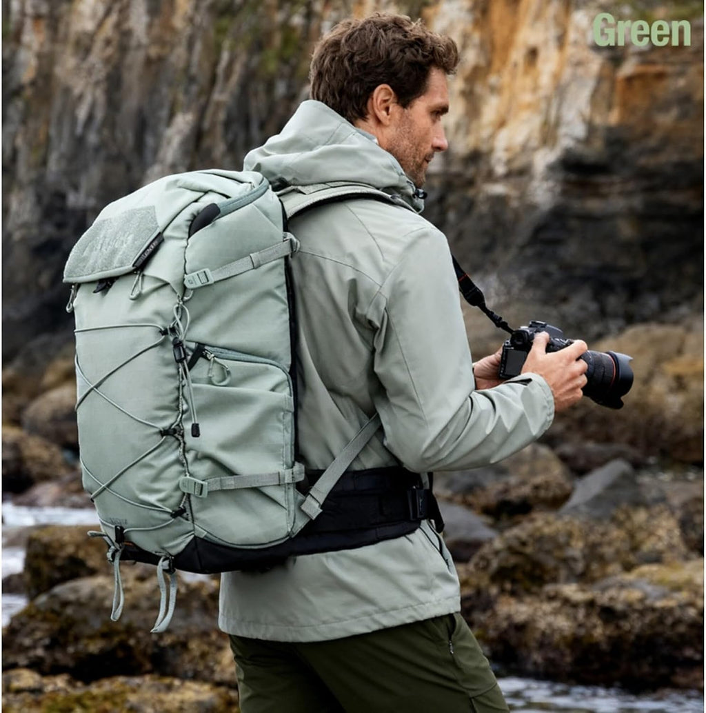 LEOFOTO 35L Camera Backpack for Photographer, Lightweight Waterproof Travel Camera Bag for Camera/Drone/15.6" Laptop, Photopraphy Bag with Side Access & Rain Cover, Tripod Compatible, 2.95KG (GREEN)