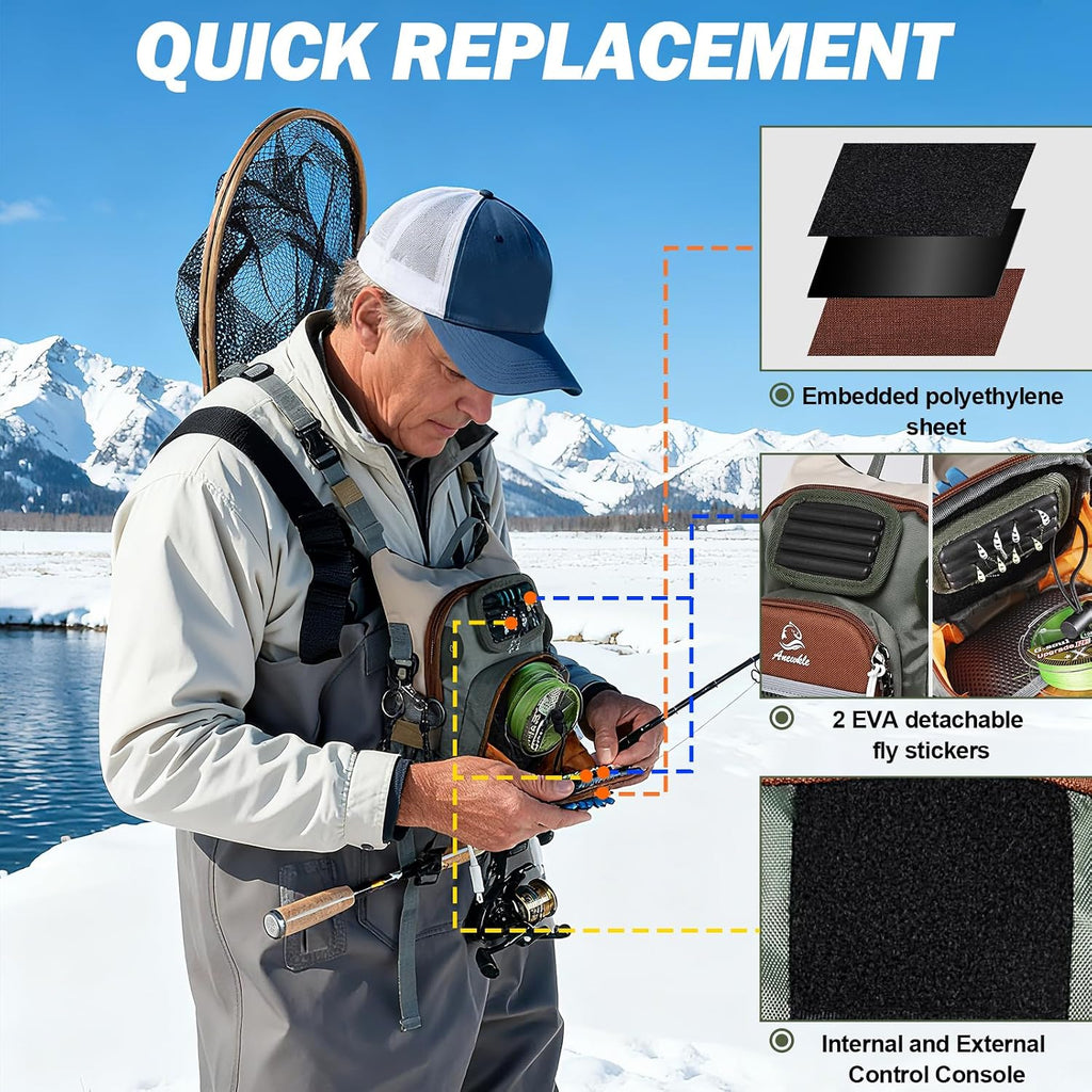 Fly Fishing Chest Pack,Outdoor Waterproof fishing Tackle Chest Bag with Multiple Compartments, Small Wade fishing,Can accommodate multiple fishing equipment/flying boxes