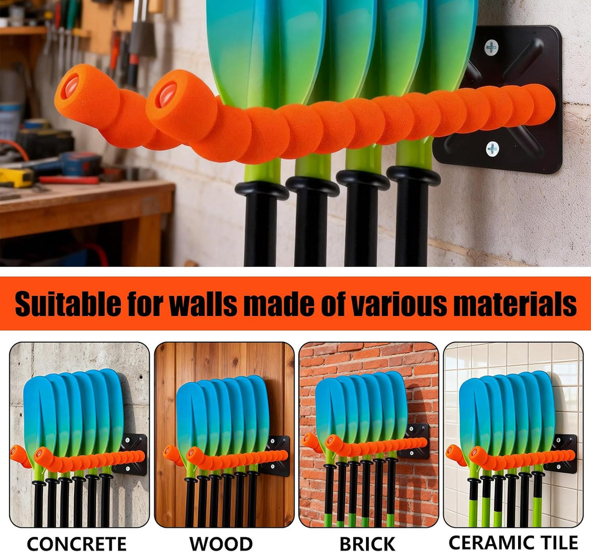 Paddles Storage Wall Rack Kayak Paddle Holder Garage with Sponge Protective Cover Metal Oars Holder, Kayak Storage, Canoe Paddles, Indoor Organizer