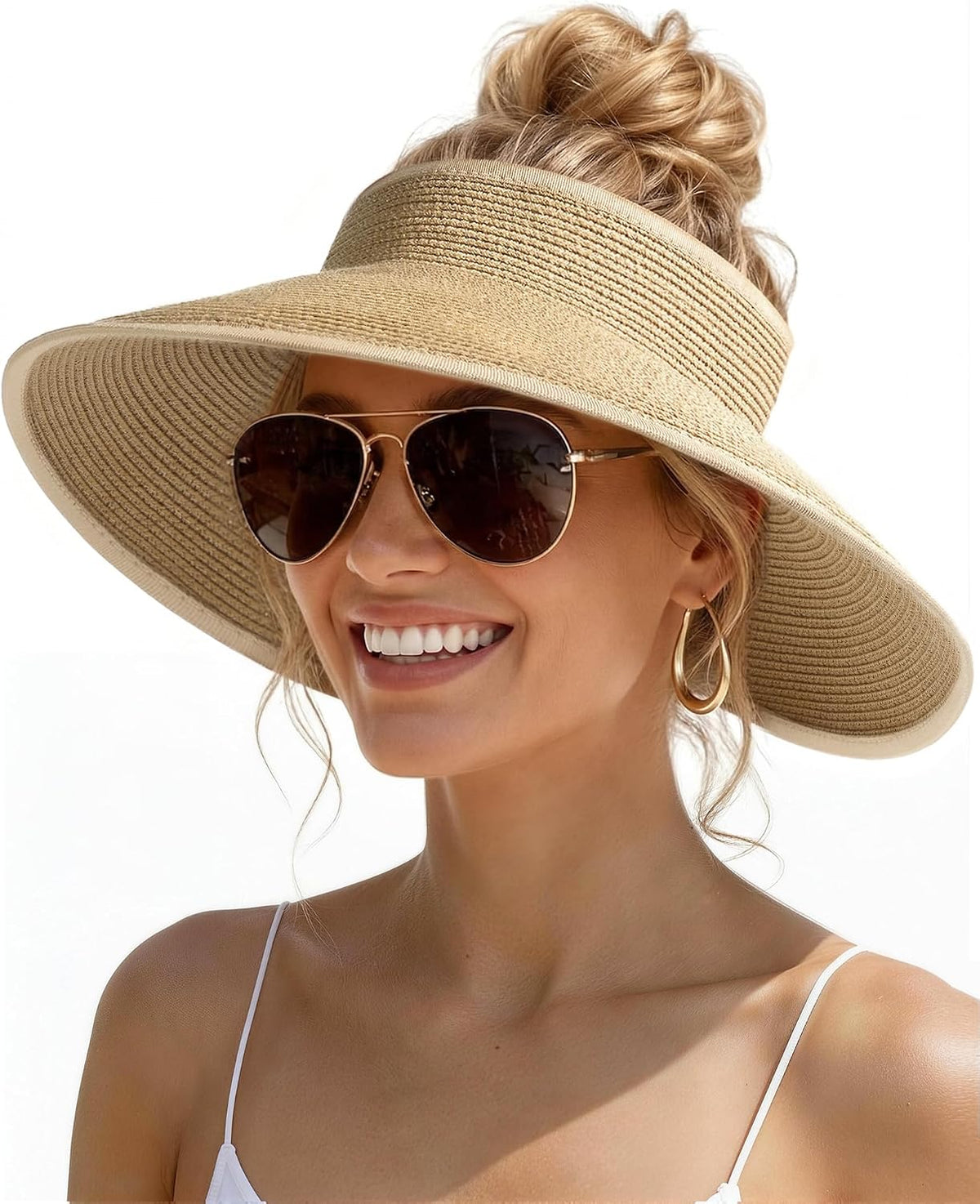 Womens Sun Visor Hats Wide Brim Straw Beach Hat UV Protection Ponytail Packable Beach Vacation Essentials