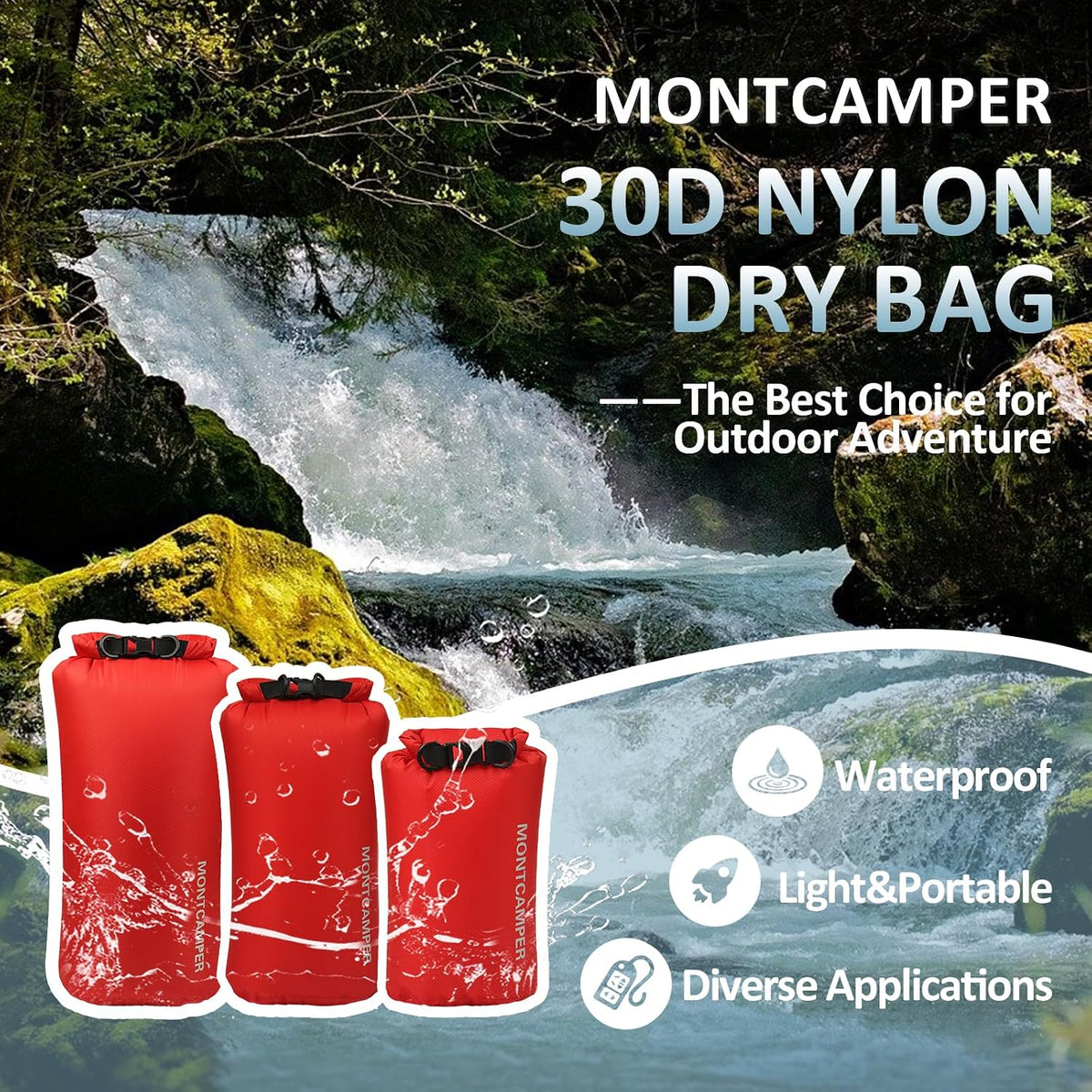 Waterproof Dry Bag 3-Pack (5L + 10L + 20L) – 30D Nylon Roll Top Dry Sacks with PU Coating, Lightweight Water-Resistant Storage for Kayaking, Camping, Hiking, Fishing & Beach (Red)